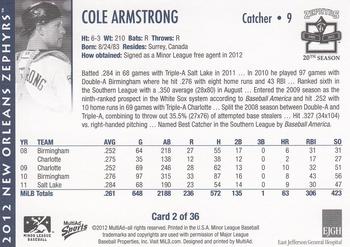 2012 MultiAd New Orleans Zephyrs #2 Cole Armstrong Back