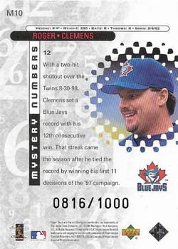 1999 Upper Deck Black Diamond - Mystery Numbers #M10 Roger Clemens Back