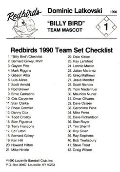 1990 Louisville Redbirds #1 Checklist Back