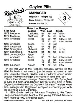 1990 Louisville Redbirds #3 Gaylen Pitts Back