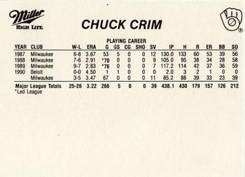 1991 Miller High Life Milwaukee Brewers #NNO Chuck Crim Back