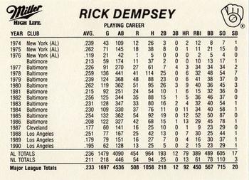 1991 Miller High Life Milwaukee Brewers #NNO Rick Dempsey Back