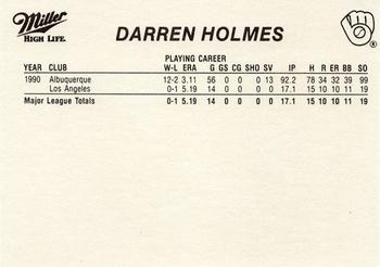 1991 Miller High Life Milwaukee Brewers #NNO Darren Holmes Back