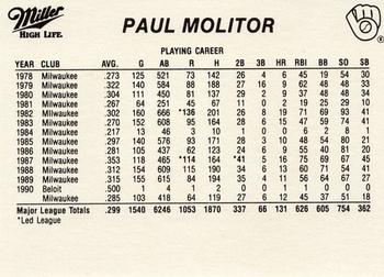 1991 Miller High Life Milwaukee Brewers #NNO Paul Molitor Back