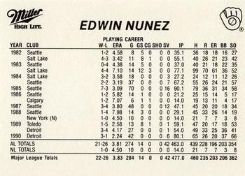 1991 Miller High Life Milwaukee Brewers #NNO Edwin Nunez Back