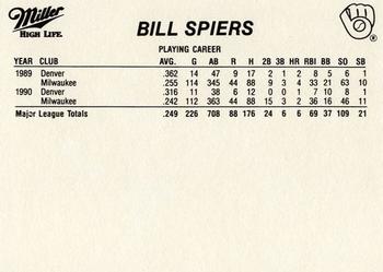 1991 Miller High Life Milwaukee Brewers #NNO Bill Spiers Back