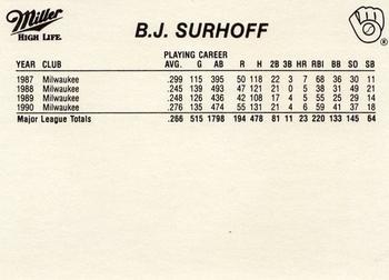 1991 Miller High Life Milwaukee Brewers #NNO B.J. Surhoff Back