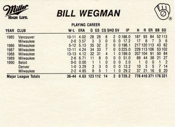 1991 Miller High Life Milwaukee Brewers #NNO Bill Wegman Back