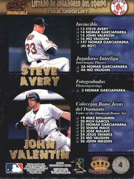 1998 Pacific Invincible - Team Checklists #4 Mo Vaughn / Nomar Garciaparra / Steve Avery / John Valentin Back