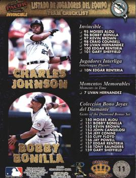 1998 Pacific Invincible - Team Checklists #11 Gary Sheffield / Livan Hernandez / Charles Johnson / Bobby Bonilla / Edgar Renteria Back