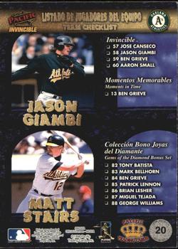 1998 Pacific Invincible - Team Checklists #20 Jason Giambi / Jose Canseco / Ben Grieve / Matt Stairs Back