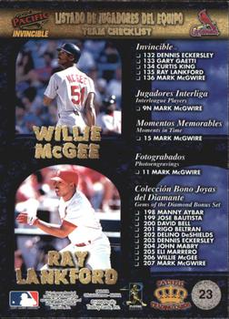 1998 Pacific Invincible - Team Checklists #23 Mark McGwire / Ray Lankford / Dennis Eckersley / Delino Deshields / Willie McGee  Back