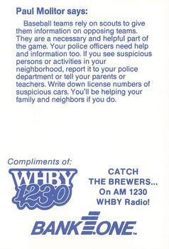 1990 Milwaukee Brewers Police - Appleton Police Department, Bank One, Appleton, N.A. & AM 1230 WHBY Radio #NNO Paul Molitor Back