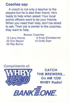 1990 Milwaukee Brewers Police - Appleton Police Department, Bank One, Appleton, N.A. & AM 1230 WHBY Radio #NNO Milwaukee Brewers Coaches Back