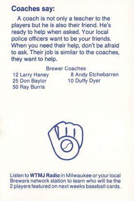 1990 Milwaukee Brewers Police - Menomonee Falls #NNO Milwaukee Brewers Coaches Back