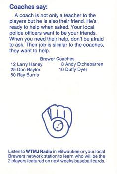 1990 Milwaukee Brewers Police - West Allis Police Department, A Community Service Project #NNO Milwaukee Brewers Coaches Back