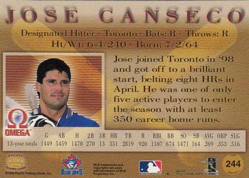 1998 Pacific Omega #244 Jose Canseco Back