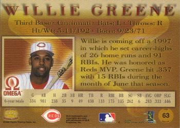 1998 Pacific Omega #63 Willie Greene Back