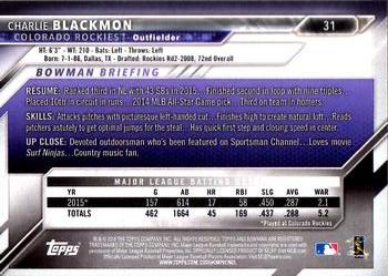 2016 Bowman #31 Charlie Blackmon Back