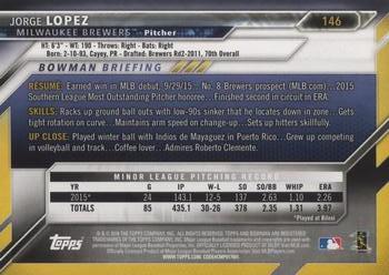 2016 Bowman #146 Jorge Lopez Back