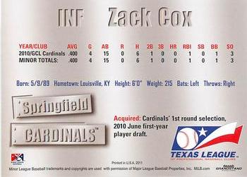 2011 Grandstand Texas League Top Prospects #NNO Zack Cox Back