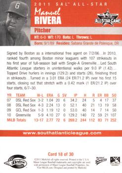 2011 MultiAd South Atlantic League All-Stars South #18 Manuel Rivera Back
