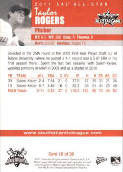 2011 MultiAd South Atlantic League All-Stars South #19 Taylor Rogers Back
