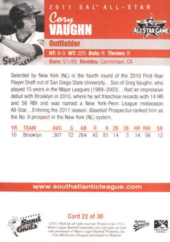 2011 MultiAd South Atlantic League All-Stars South #22 Cory Vaughn Back