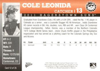 2011 MultiAd Hagerstown Suns #12 Cole Leonida Back
