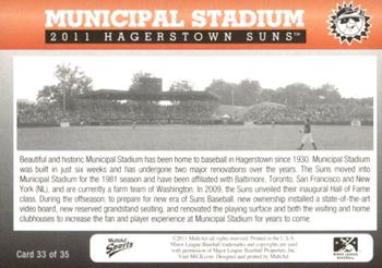 2011 MultiAd Hagerstown Suns #33 Municipal Stadium Back