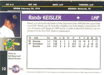 2000 Blueline Q-Cards Norwich Navigators #10 Randy Keisler Back