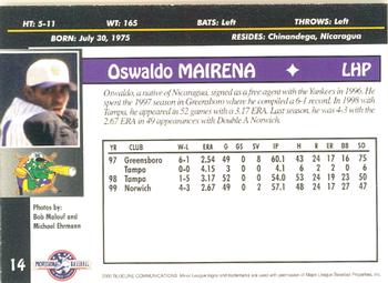 2000 Blueline Q-Cards Norwich Navigators #14 Oswaldo Mairena Back