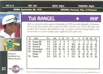 2000 Blueline Q-Cards Norwich Navigators #21 Tuli Rangel Back