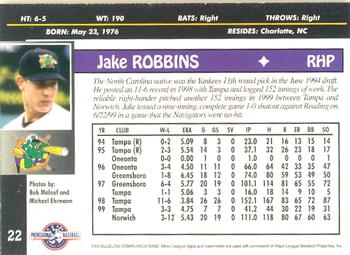 2000 Blueline Q-Cards Norwich Navigators #22 Jake Robbins Back