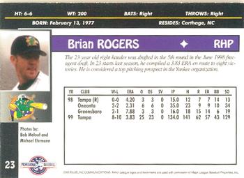 2000 Blueline Q-Cards Norwich Navigators #23 Brian Rogers Back