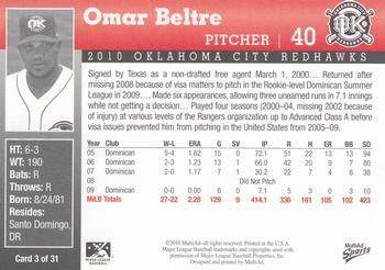 2010 MultiAd Oklahoma City RedHawks #3 Omar Beltre Back