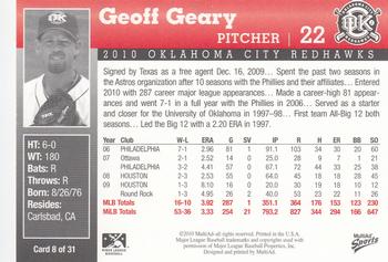 2010 MultiAd Oklahoma City RedHawks #8 Geoff Geary Back