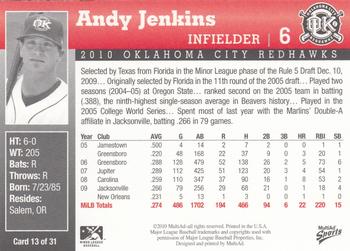 2010 MultiAd Oklahoma City RedHawks #13 Andy Jenkins Back