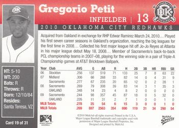 2010 MultiAd Oklahoma City RedHawks #19 Gregorio Petit Back