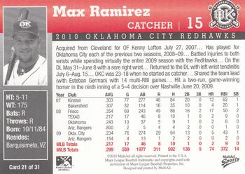 2010 MultiAd Oklahoma City RedHawks #21 Max Ramirez Back