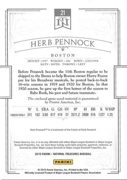 2015 Panini National Treasures #21 Herb Pennock Back