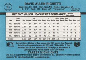 1988 Donruss #93 Dave Righetti Back
