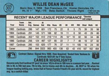 1988 Donruss #307 Willie McGee Back