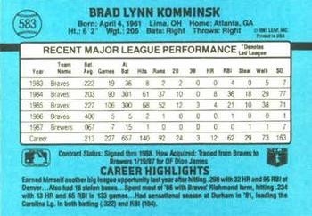 1988 Donruss #583 Brad Komminsk Back