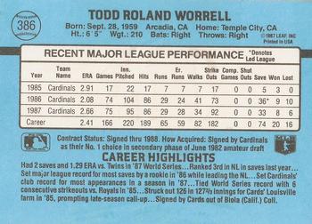 1988 Donruss #386 Todd Worrell Back