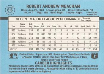 1988 Donruss #616 Bobby Meacham Back
