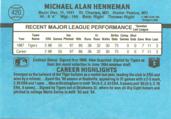 1988 Donruss #420 Mike Henneman Back