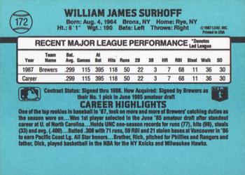 1988 Donruss #172 B.J. Surhoff Back