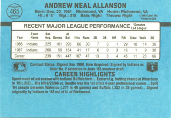 1988 Donruss #465 Andy Allanson Back