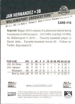 2015 Choice Williamsport Crosscutters #16 Jan Hernandez Back